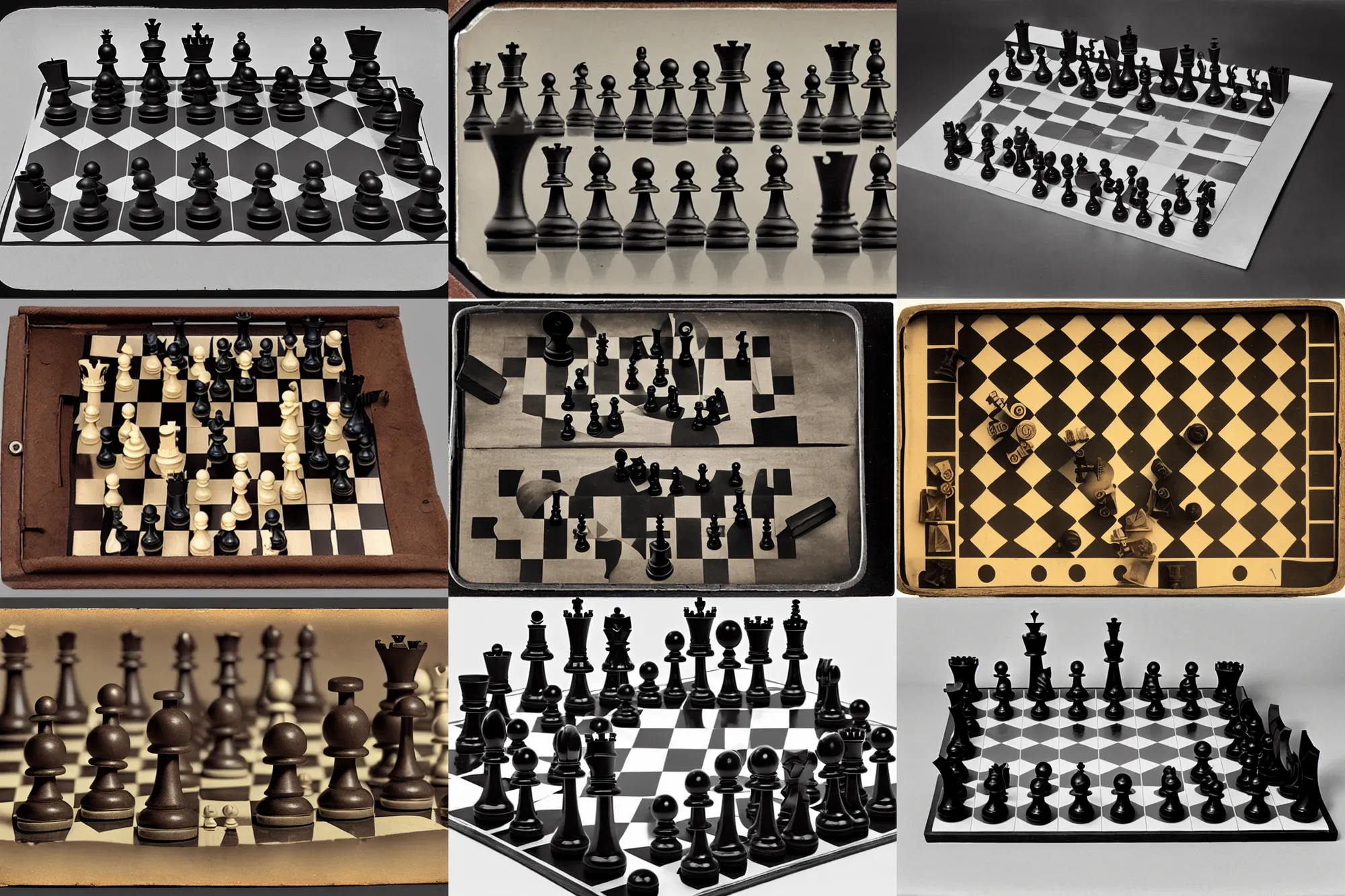 Prompt: tintype daguerrotype of a dadaist chess set designed by marcel duchamp
