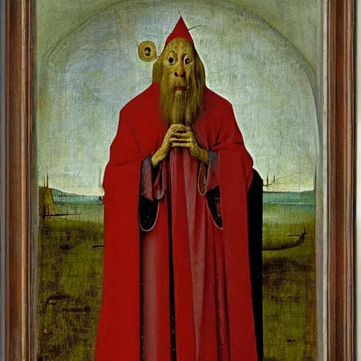 Prompt: portrait of an old skinny wise wizard man in an ancient robe, art by hieronymus bosch