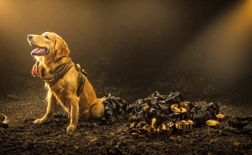 Prompt: a golden retriever in a dark gold mine wearing a wild west jacket and wearing a western hat and finding piles of gold nuggets, covered in soot, moody lighting, light rays coming from tunnel entrance, stylized photo