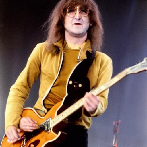 Prompt: John Lennon on stage with 80s hair wearing a leotard and shredding