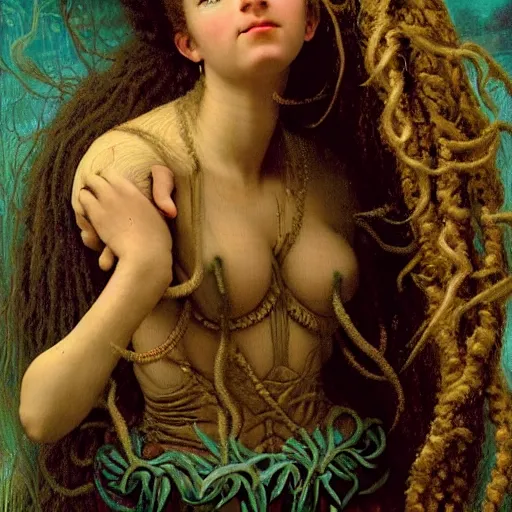 Image similar to intricate detail, hyper detail, drunk woman, very tired, wearing full body mans suite, hazel green eyes, teal eyebrows, with aqua neon rapunzel dreadlocks, detailed, by h. r. giger and bouguereau, masterpiece, sharp focus,