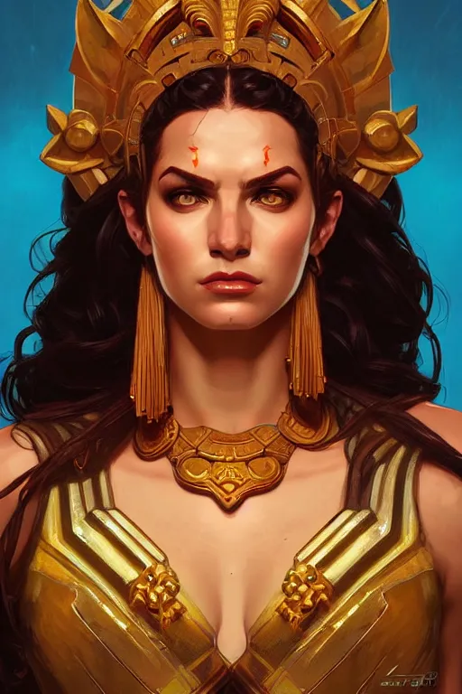 Image similar to pixel art of the Greek godess Hera looking angry, rusty armor, portrait, digital painting, artstation, concept art, beautiful face, symmetric face, videogame cover art, by Artgerm and Greg Rutkowski and Alphonse Mucha