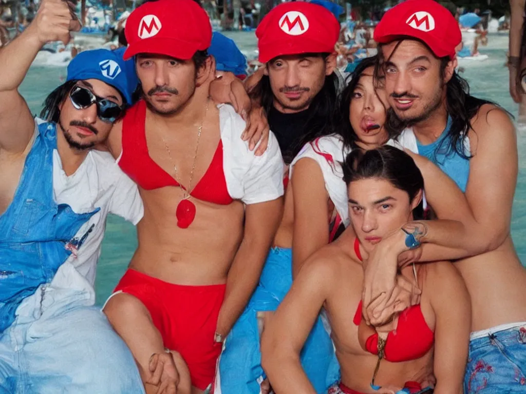 Image similar to Mario in a red hat in the style of Harmony Korine Spring Breakers film aesthetic!!!