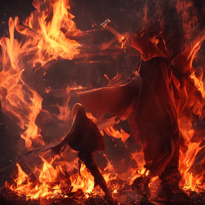 Image similar to hooded man dumping gas on a fire, octane render, 4 k ultra hd, hyper - detailed, realistic, seedy lighting, sharp focus, fantasy dark art