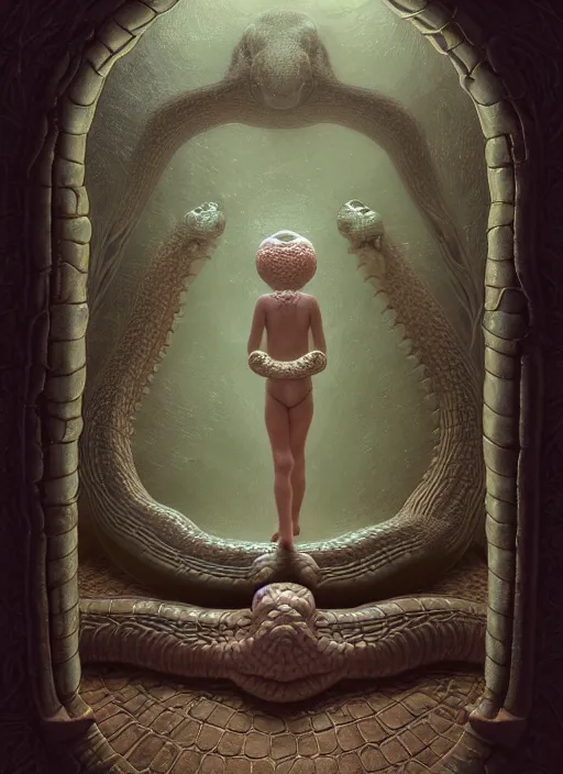 Image similar to hyperreal ultra detailed hypnagogic recollections from the waters of the unconscious. a 3 d psychopomp watching on. a child's face in the mirror, a doorway threshold, a snake, sharp focus, a digital egregore, global illumination, ornate, art by shaun tan, fenghua zhong and daniel merriam and dan mumford octane render