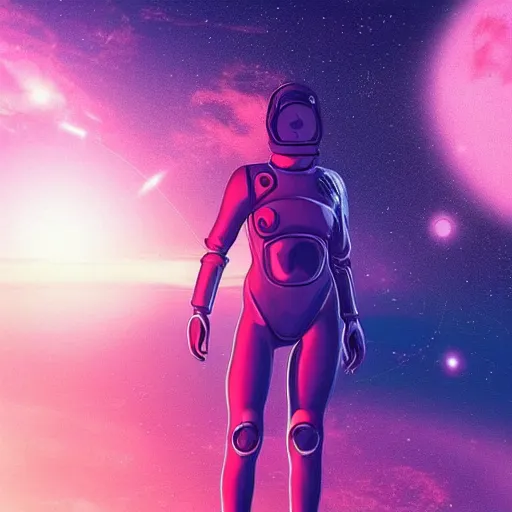 Prompt: “new cosmos frontiers, big chaotic beutiful and open space with many stars and space drednought far away in the horizon, woman in futuristic and revealing body spacesuits pointing to the horizon, vaporwave style highly motivating, high details, top ArtStation”