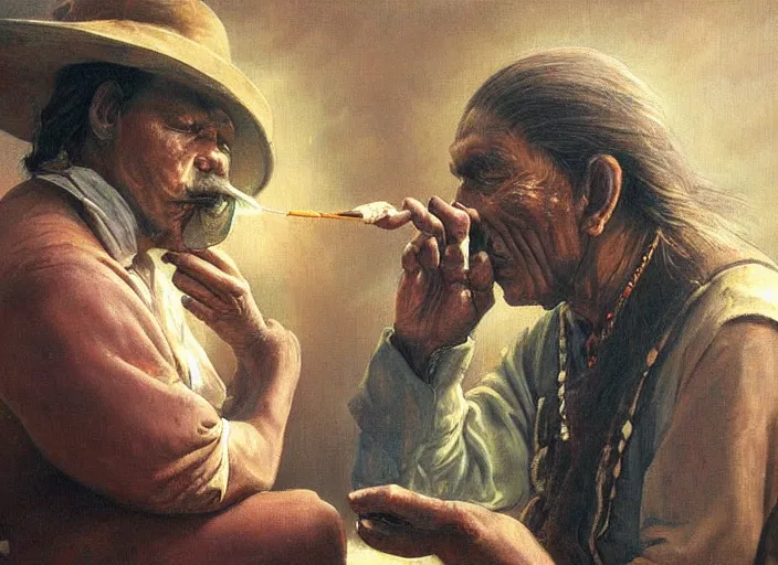 Image similar to a beautiful painting of an indigenous man blowing tobacco snuff into the nose of another man , fantasy art, matte painting, highly detailed