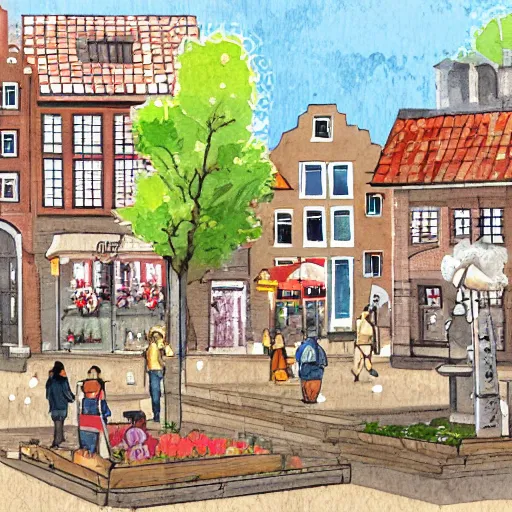 Prompt: The town square of a typical Dutch town. Isometric watercolor illustration.