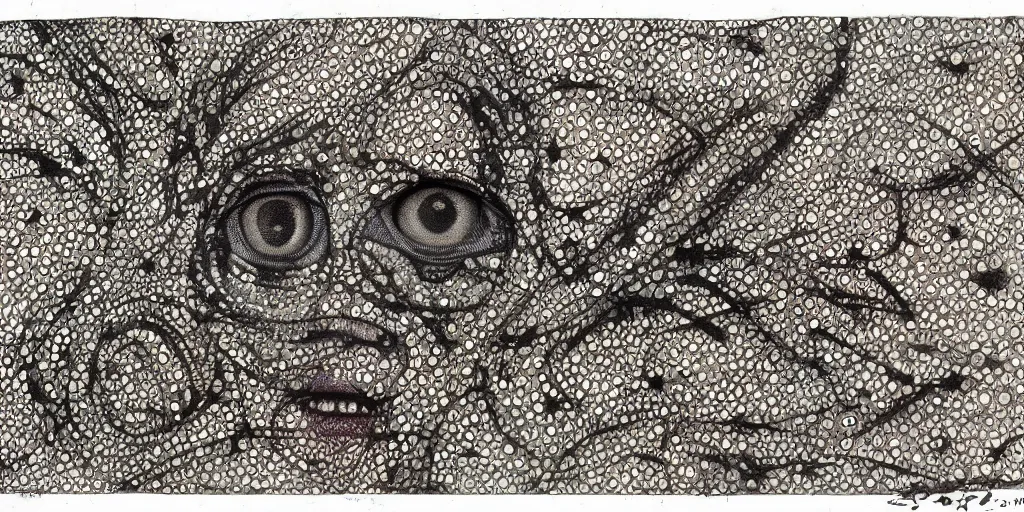 Prompt: camo of eyes, technical, acrylic, teeth, eerie, tribal, clay, dots, lines, stipple, points, grid, cybernetic, old painting, francis bacon, swirly eyes, hypnosis, eerie, sharp