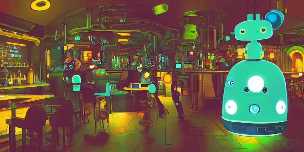 Image similar to a cute robot in a cyberpunk bar by chiho aoshima