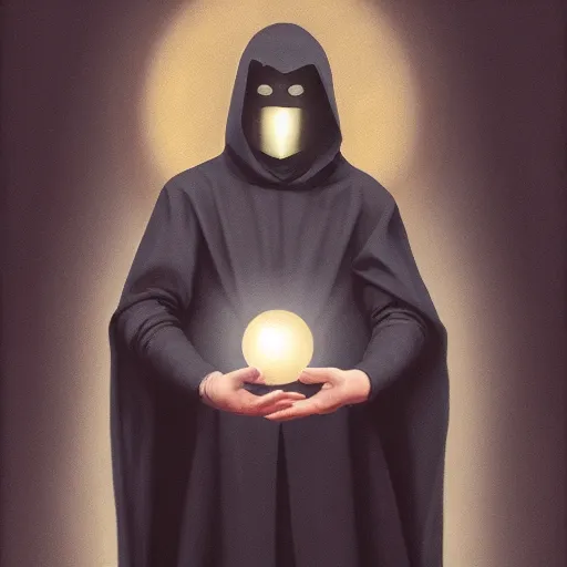 Prompt: a man wearing a long black cloak, shadowy hood covering face, holding a glowing orb, grandiose style, new age painting, by Michelangelo, trending on artstation