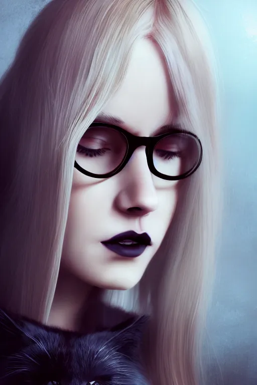 Prompt: art of a beautiful young woman with her very large cat, the woman has very long blonde hair and a full fringe, wearing large thin-rimmed round glasses, wearing modern gothic clothes, trending artstation, digital art, award winning art, aesthetic, 4K, realistic, octane render, Photograph