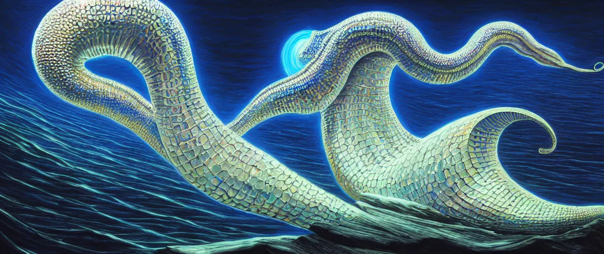 Image similar to hyperrealistic very intricate pearlescent leviathan swallowing the earth digital painting concept art salvador dali alex grey cinematic soft glow lighting high angle hd 8k sharp shallow depth of field