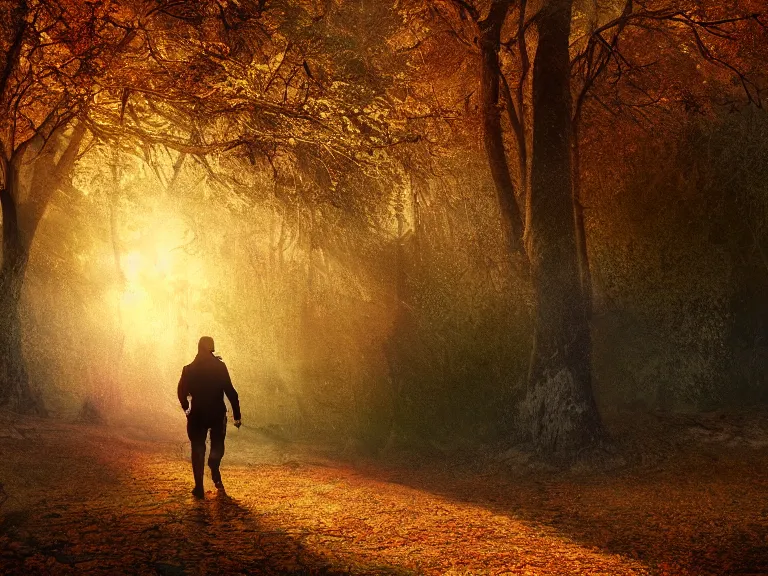 Image similar to a matte painting of an adventurer walking along the river bank in a forest during the golden hour in autumn, surrounded by dust and volumetric light shining through the tree tops, digital painting, detail