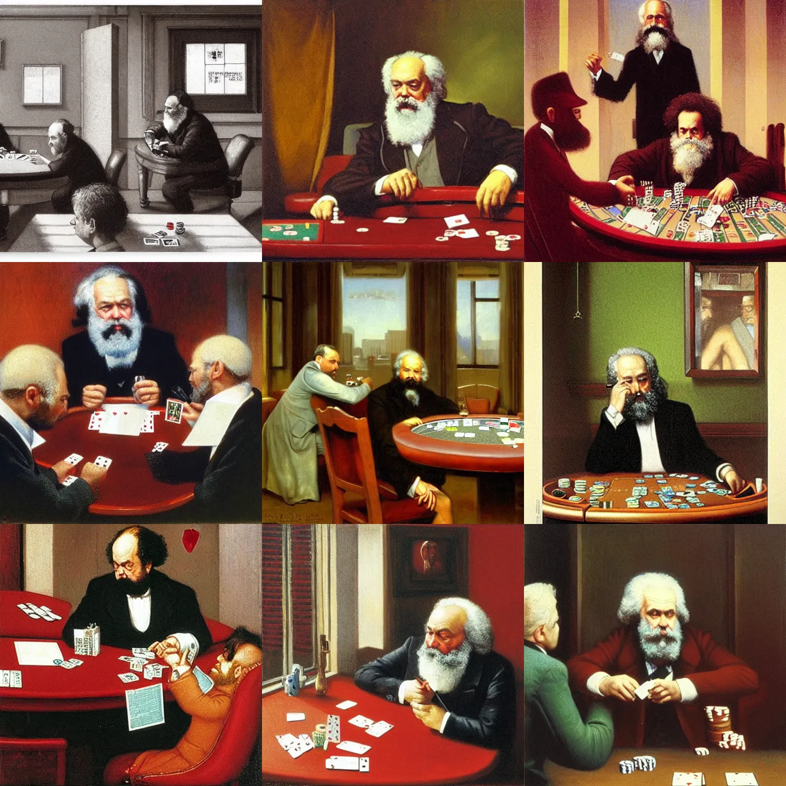 Prompt: Karl Marx playing poker alone in Las Vegas, by Michael Sowa