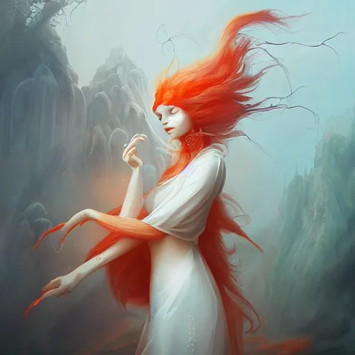 Image similar to prompt A beautiful portrait of a white red orange kumiho, backlit, concept art, matte painting, by Peter Mohrbacher