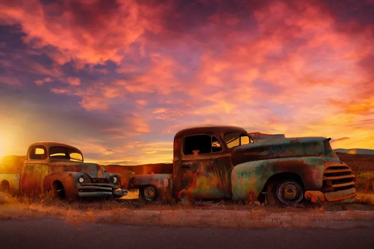 Image similar to a sunset light landscape with historical route 6 6, lots of sparkling details and sun ray ’ s, blinding backlight, smoke, volumetric lighting, colorful, octane, 3 5 mm, abandoned gas station, old rusty pickup - truck, beautiful epic colored reflections, very colorful heavenly, softlight