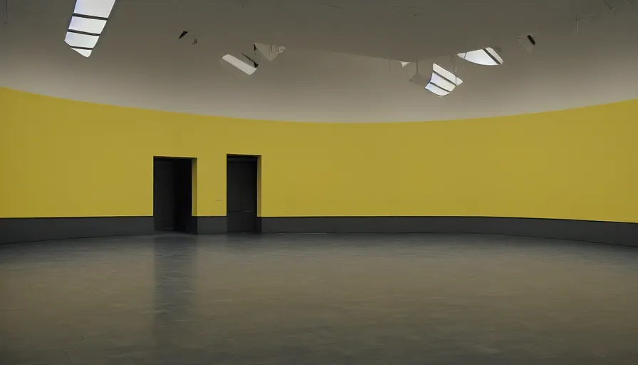 Image similar to 60s movie still of a sovietic stalinist style empty art museum with a soviet congress with yellow wall, KODAK EBX, liminal Space style, heavy grain