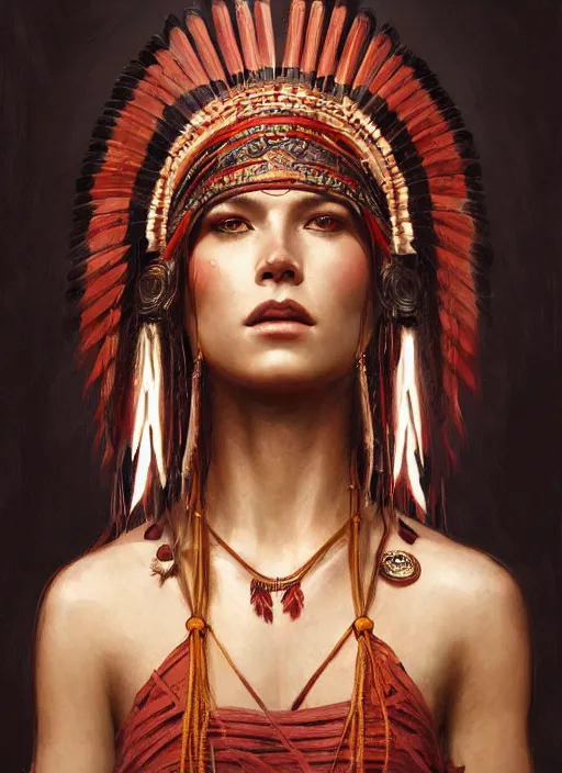 Image similar to gorgeous redskin woman wearing headdress, intricate, elegant, highly detailed, artstation, concept art, smooth, sharp focus, illustration, art by greg rutkowski and stefan kostic and bouguereau