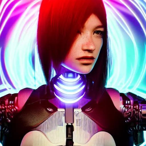 Image similar to a portrait of a female cyborg, fashion, streak lights, ligjt trail, color gel, photogtaphy, canon r 5, wide angle, white background, 3 d render, unreal engine, white suit