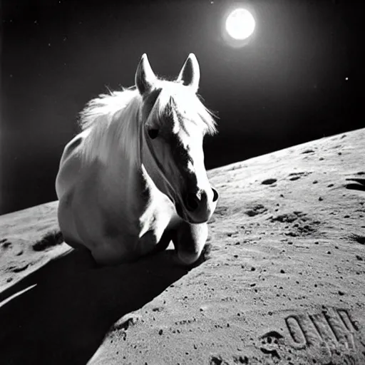 Image similar to retro photograph of a horse on moon drinking alcohol