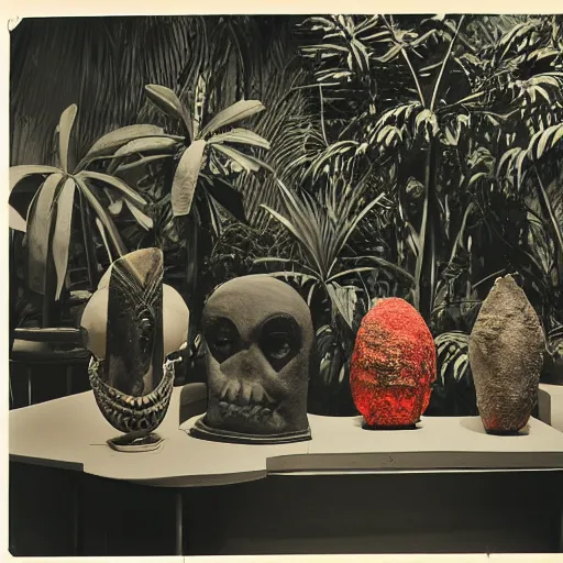 Image similar to an offset photography of an object on display, three colors, ( anthropology of wonder ), ( ( exotic artifacts ) ), bauhause, ( tropicalism ), ( colonial expedition ), exhibition, 6 0 s style