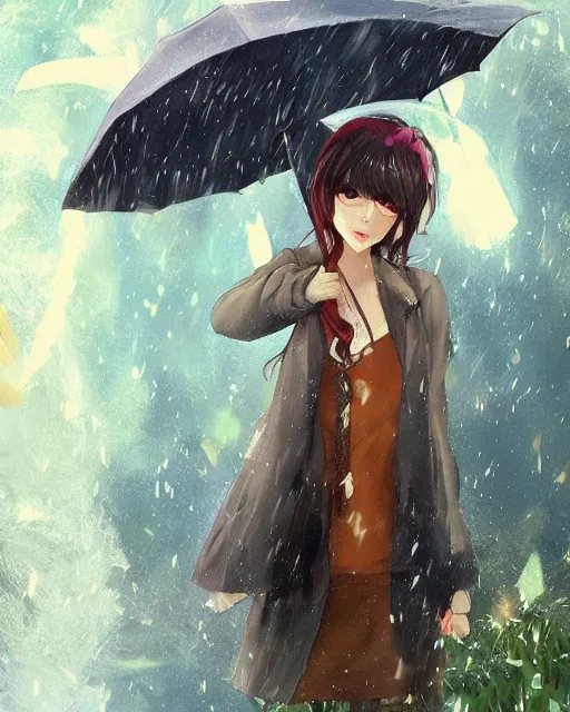 Prompt: anime girl in the rain, By studio Ghibli, Artstation, Pixiv