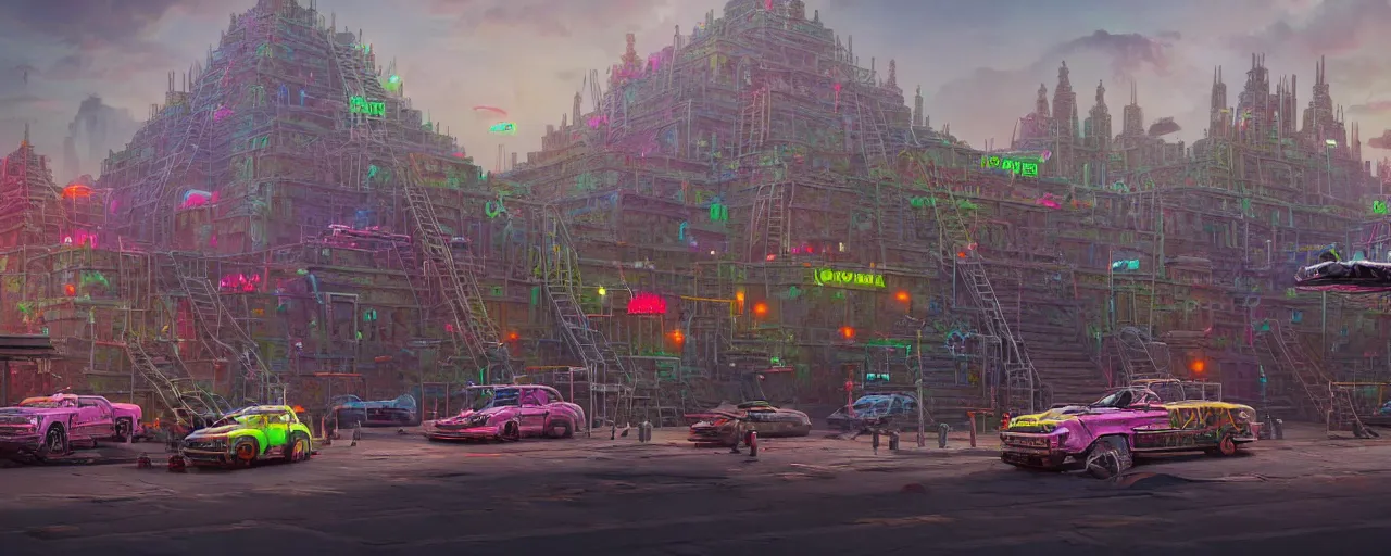 Image similar to hyperrealistic matte painting of aztec temples in a future environment with flying cars, mechanical features and neon, graffiti, scaffolding, smog, destruction by filip hodas, beeple, 4 k, trending on cgsociety