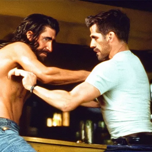 Image similar to cinestill of Jake Gyllenhaal fighting three men in a bar in the movie Road house