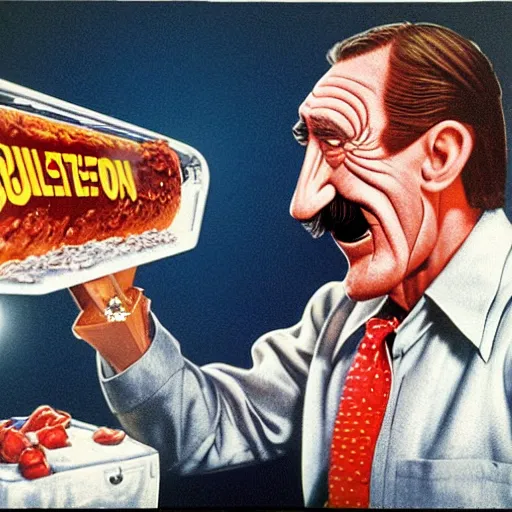 Prompt: promotional art for the movie'unless you hate bullruns ', barry chuckle preparing a batch of purple oil drink, hyperreal detailed facial features and uv lighting, art by ed roth and basil wolverton