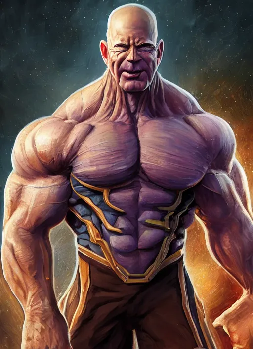 Image similar to jeff bezos is a muscular bodybuilder as thanos, au naturel, hyper detailed, digital art, trending in artstation, cinematic lighting, studio quality, smooth render, unreal engine 5 rendered, octane rendered, art style by klimt and nixeu and ian sprigger and wlop and krenz cushart.