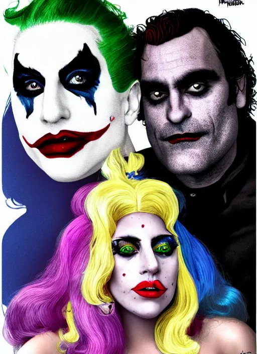 Prompt: lady gaga harley queen and joaquin phoenix joker by mimmo rottela