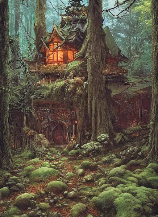 Image similar to hyper realistic witch cottage japanese shrine in the woods gorgeous lighting, highly detailed, lush forest painting by zdzisław beksinski and norman rockwell and greg rutkowskiweta studio, and lucasfilm