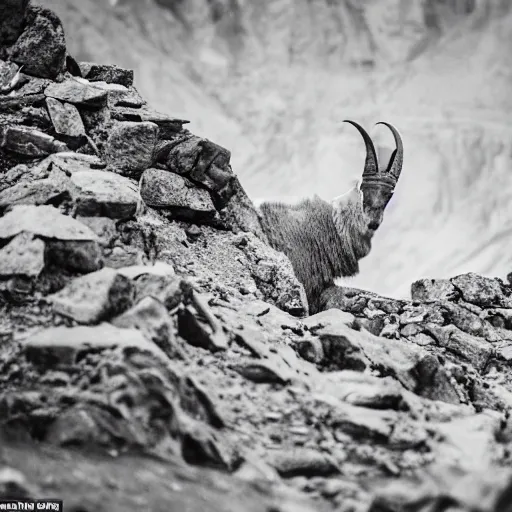 Image similar to a mountain goat munching from a heap of papers, highly detailed, composition, atmospheric