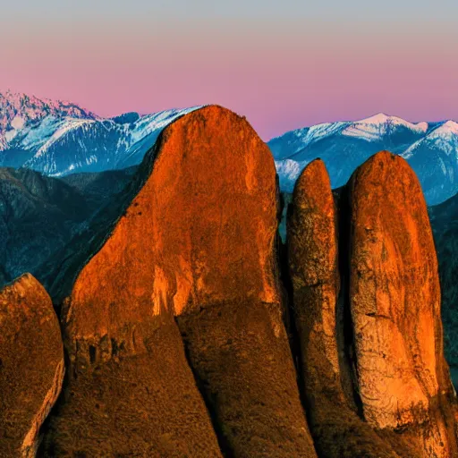 Prompt: massive giant in between two mountains at sunset