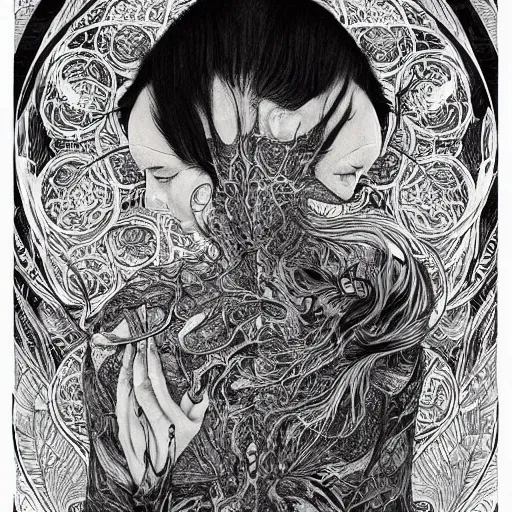 Image similar to life is so beautiful painted in alex grey and cameron gray style drawn by vania zouravliov and takato yamamoto, inspired by ooioo, intricate wood carving, black and white, 3 d, high detail, sharp high detail, artstation, octane