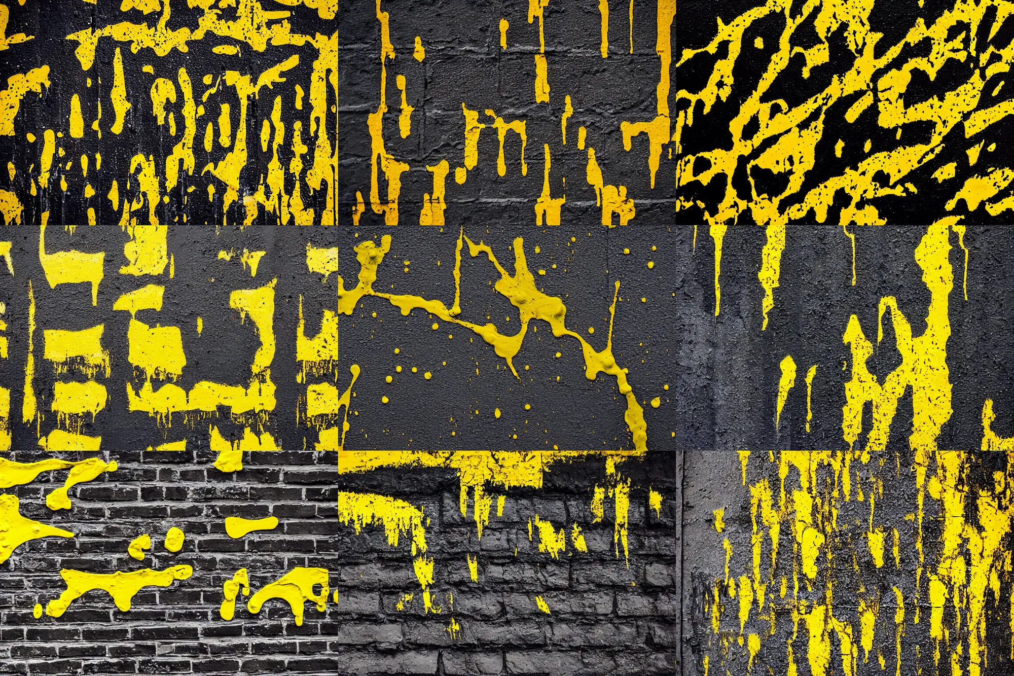 Prompt: brick wall, splattered black and yellow paint, dripping paint, travel photography