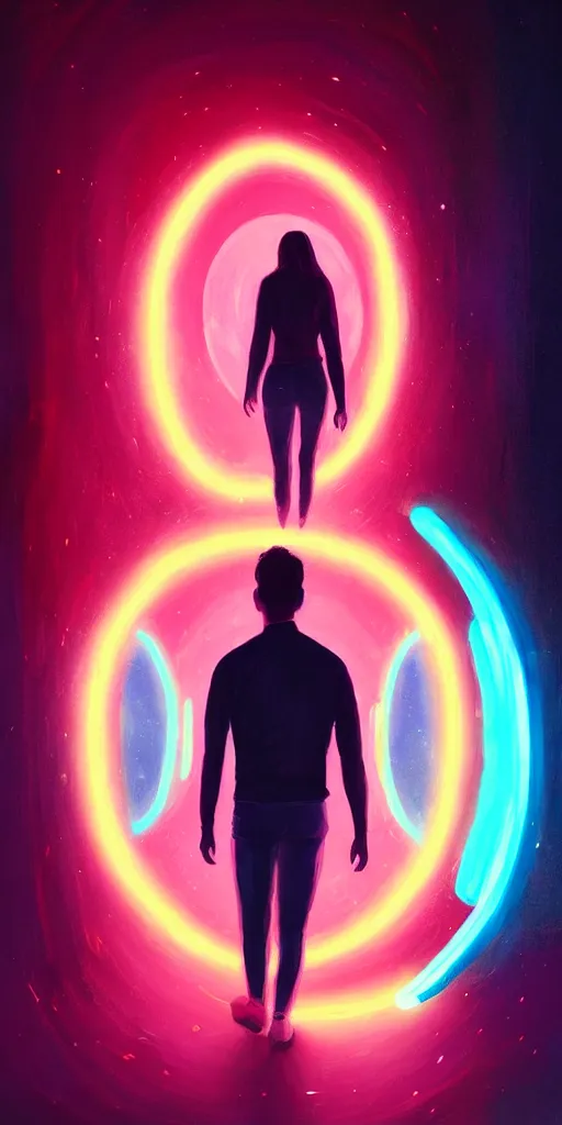 Prompt: a beautiful painting of a person walking out of a stargate by sylvain sarrailh 8 k particulate neon light film grain