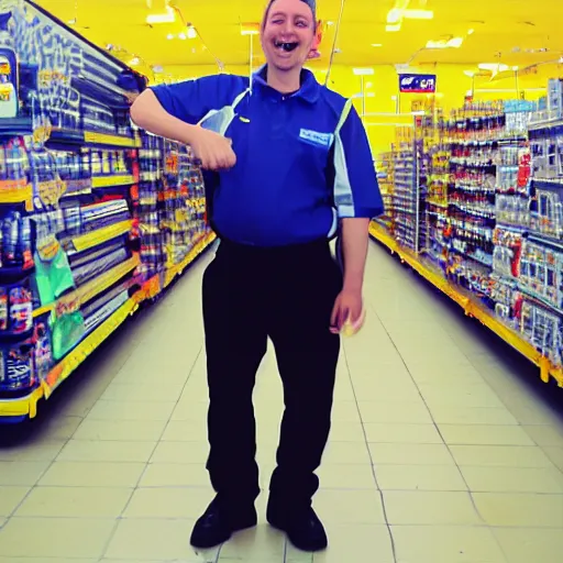 Prompt: happy lidl worker, 3 5 mm disposable camera