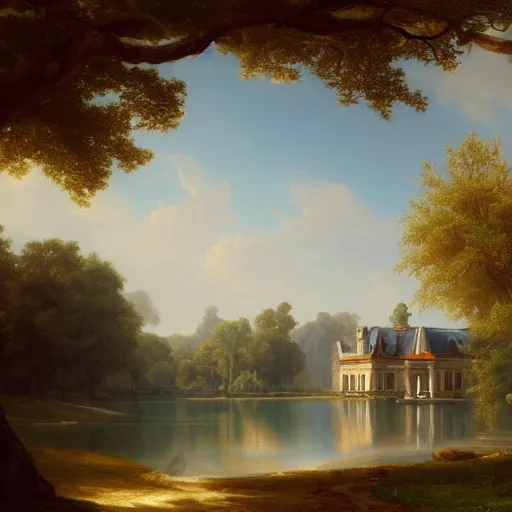 Prompt: a large serene beautiful matte painting of a delapitaded quaint french country mansion, by asher brown durand and greg rutkowski, featured on artstation, blue and orange color scheme