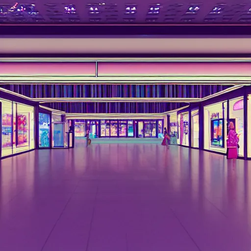Prompt: vaporwave 9 0 s dreamy empty shopping mall, arcade storefront, highly detailed, 3 d render, vray, octane, realistic lighting, photorealistic