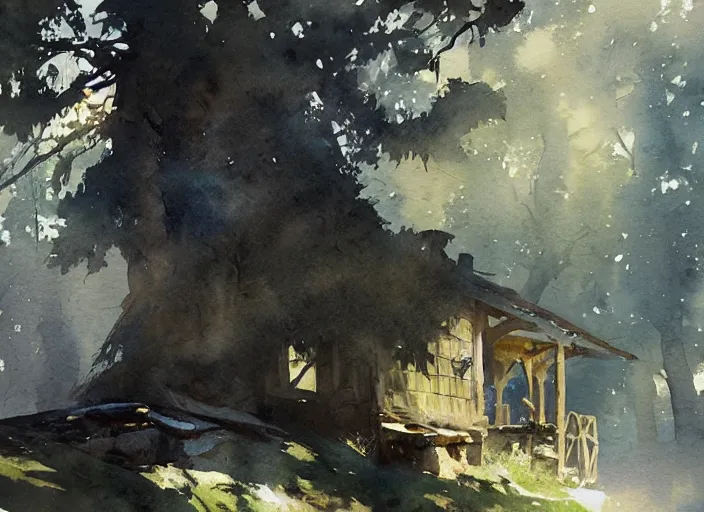Prompt: watercolor splash, paint drops, drips, aquarelle painting of oak tree and rustic stone cabin, very very very beautiful, art by anders zorn, wonderful masterpiece by greg rutkowski, cinematic light, american romanticism by greg manchess, creation by tyler edlin