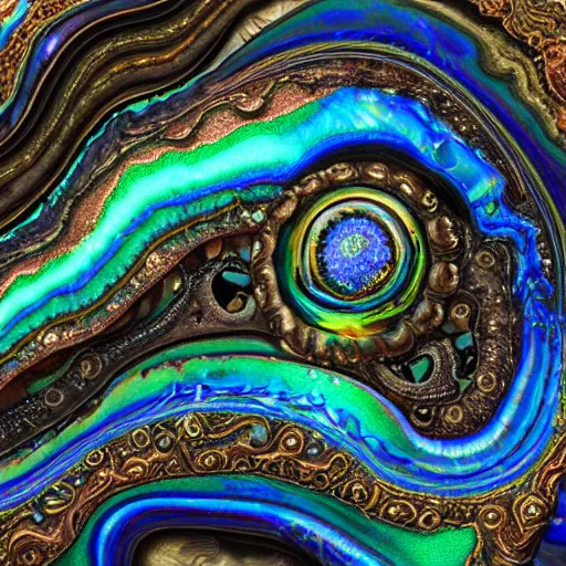 Prompt: Art Nouveau cresting oil slick waves, hyperdetailed bubbles in a shiny iridescent oil slick wave, ammolite, geode, detailed giant opalized ammonite shell, black opal, abalone, paua shell, ornate copper patina medieval ornament, rococo, organic rippling spirals, octane render, 8k 3D, druzy geode, cresting waves and seafoam