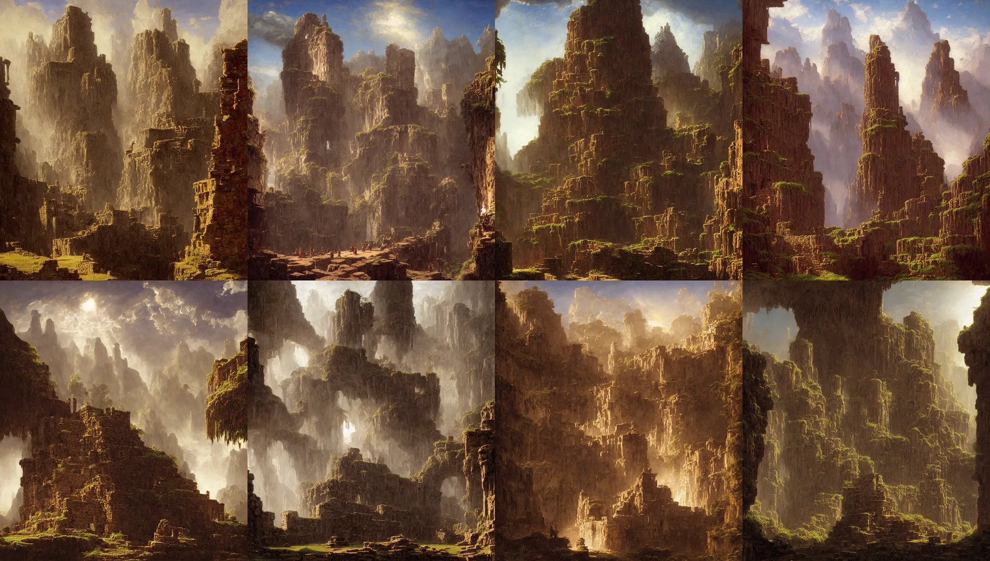 Prompt: aztec ruins built on the walls of a cave by jorge jacinto, albert bierstadt, jim burns, edwin church, frederic thomas cole, brown durand, asher david friedrich, caspar james gurney, johnson heade, martin raphael lacoste, ted nasmith, andreas rocha, christophe vacher, mystical, fantasy, rays of sun light, atmospheric lighting