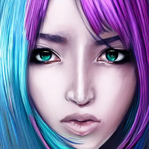 Image similar to full face shot of rimuru tempest, sky blue straight hair, long bangs, with amber eyes, wearing a fancy black jacket, high collar, beautiful, ultra detailed, brush strokes, digital painting, cinematic, wlop artstation, closeup, pixiv, intense, intimidating glare, photorealistic, overpowering, rossdraws, andy warhol,