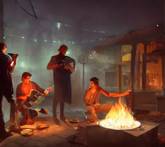 Image similar to three guys in night at the yard speaking while grilling kebabs and one guy playing guitar, volumetric lighting, glowing lights, 4k, octane, digital painting, artstation, concept art, sharp focus, illustration, cinematic film still, art by artgerm and greg rutkowski and alphonse mucha ,