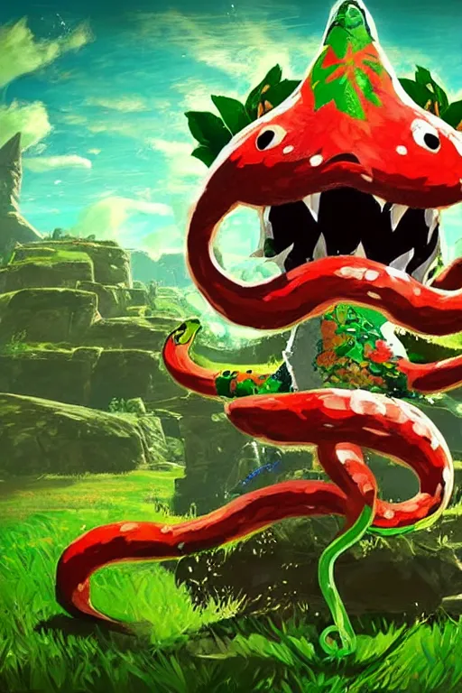 Image similar to an in game portrait of piranha plant from the legend of zelda breath of the wild, breath of the wild art style.