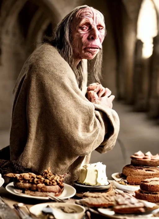 Image similar to closeup portrait of a medieval goblin eating cakes in the cloisters, depth of field, zeiss lens, detailed, symmetrical, centered, fashion photoshoot, by annie leibovitz and steve mccurry, david lazar, jimmy nelsson, breathtaking, 8 k resolution, extremely detailed, beautiful, establishing shot, artistic, hyperrealistic, beautiful face, octane render