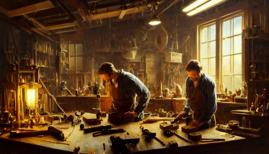 Prompt: highly detailed oil painting | very intricate | cinematic lighting | award - winning | craftsman | building a piece of furniture in their workshop | by greg rutkowski, by j. c. leyendecker, beautiful cinematic light, american romanticism, by anders zorn, by greg manchess, by jessica rossier, artstation, cgsociety, official art, octane