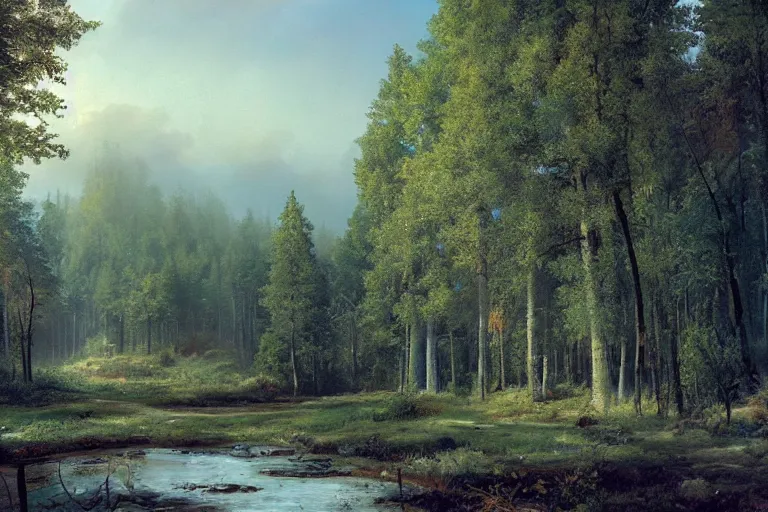 Image similar to A beautiful painting of russian village in dark forest by ivan shishkin and arkhip kuindji, trending on artstation,matte painting